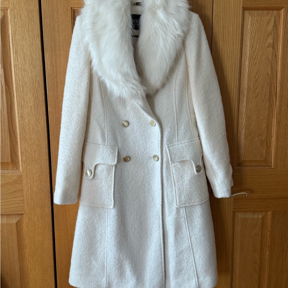 Guess White Double-Breasted Pea Coat with Faux Fur Collar - Picture 2 of 8